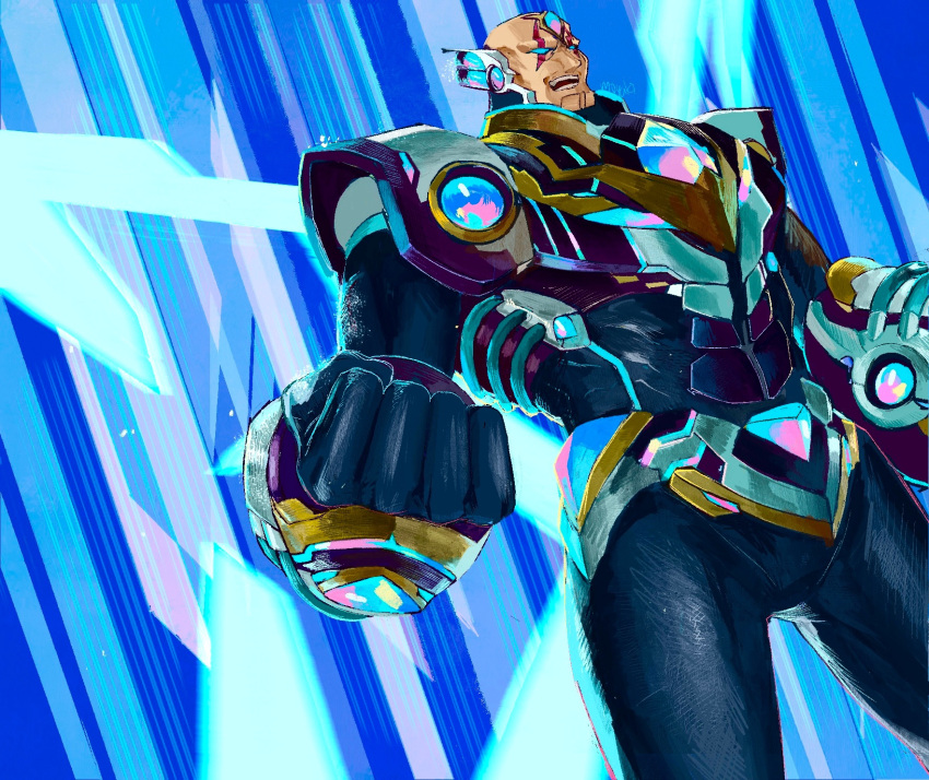 1boy android armor black_bodysuit blue_eyes bodysuit cairngorm999 character_name chin clenched_hand energy_wings forehead_jewel highres mega_man_(series) mega_man_x_(series) mega_man_x_dive scar scar_on_face sigma_(mega_man) solo speed_lines
