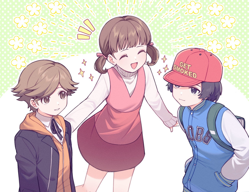 1girl 2boys amada_ken backpack bag baseball_cap black_ribbon brown_eyes brown_hair closed_eyes clothes_writing doujima_nanako hair_ribbon hands_in_pockets hat highres jacket kashima_momoki long_sleeves multiple_boys neck_ribbon oda_shinya open_mouth persona persona_3 persona_4 persona_5 pink_ribbon ribbon short_hair short_twintails simple_background skirt sweater turtleneck turtleneck_sweater twintails white_sweater