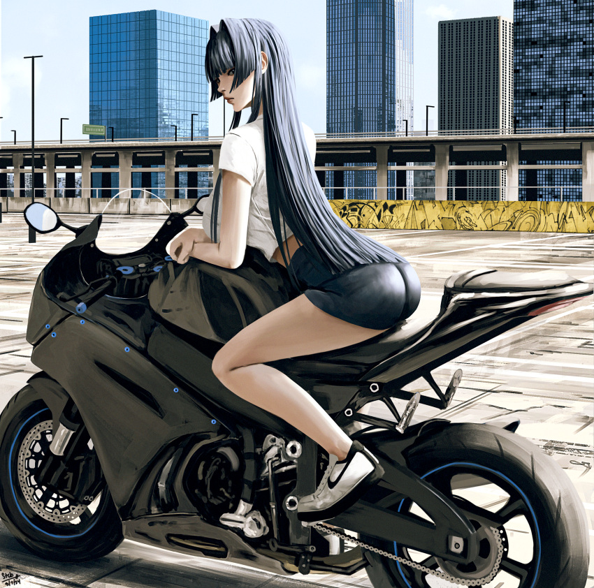 1girl absurdres alternate_costume artist_name ass black_hair blue_eyes blue_hair breasts bridge building city cityscape crossed_arms dated highres holocouncil hololive hololive_english large_breasts lips long_hair looking_at_viewer motor_vehicle motorcycle on_vehicle ouro_kronii outdoors railing road scenery shirt shoes shorts signature sky sneakers solo steb street virtual_youtuber white_footwear white_shirt