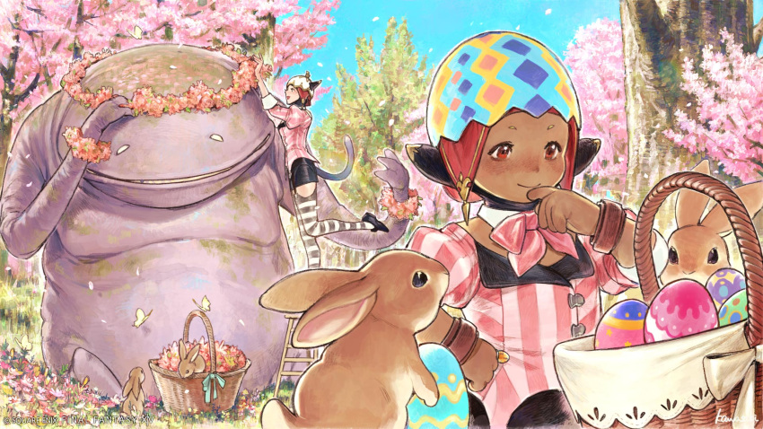 2girls :d animal_ears basket black_skirt bow bowtie cat_ears cherry_blossoms closed_mouth dark-skinned_female dark_skin day easter_egg egg final_fantasy final_fantasy_xiv flower_wreath goobbue_(final_fantasy) grey_thighhighs highres jewelry jihli_aliapoh lalafell miniskirt miqo'te monster multiple_girls nonotta_(ff14) outdoors pink_bow pink_bowtie pointy_ears rabbit red_eyes ring skirt smile striped_clothes striped_thighhighs suspenders thighhighs tree wristband