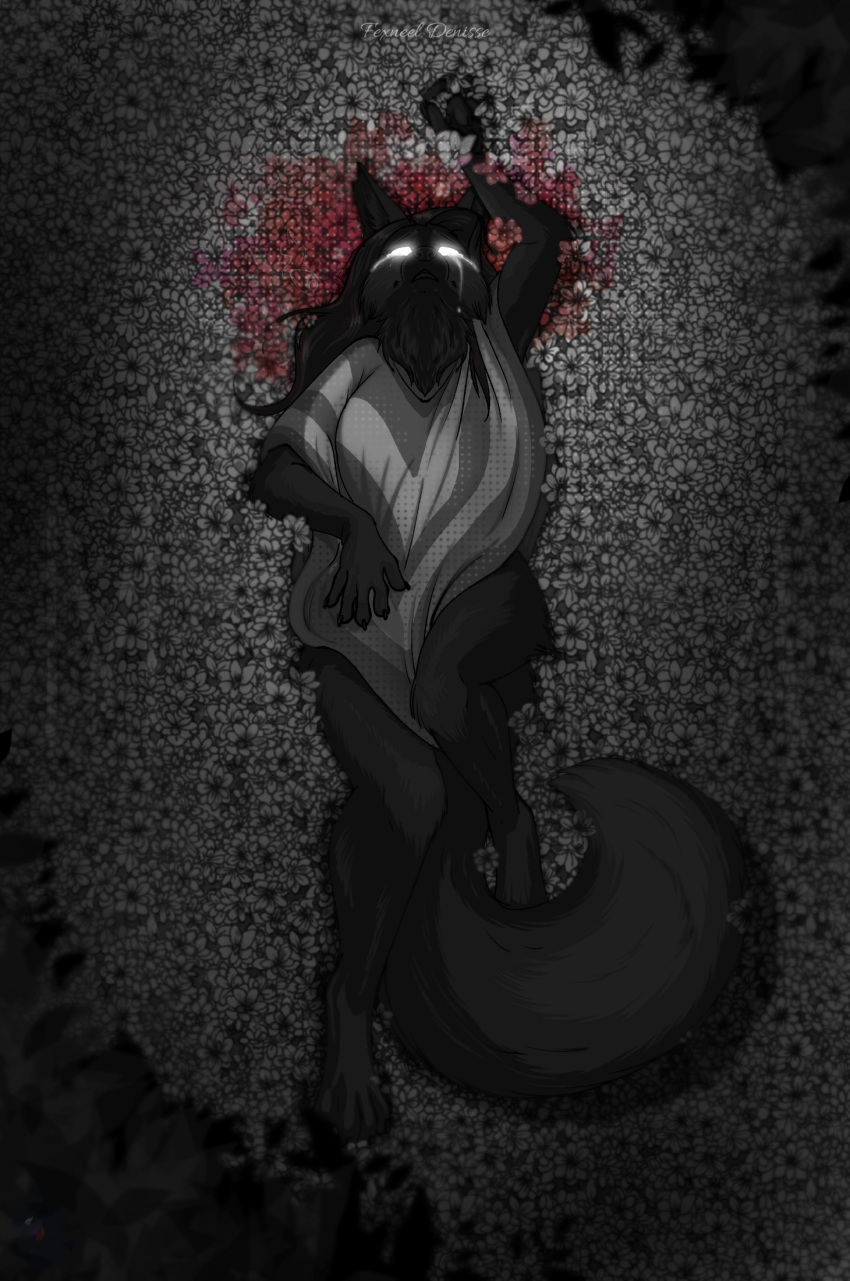 2024 anthro arati arativulpes blood blood_stain bodily_fluids bottomless clothed clothing crying detailed_background digital_media_(artwork) digitigrade female fexneel_(character) fexneel_denisse flower fluffy fluffy_ears fluffy_tail hi_res lying lying_on_ground mammal on_back plant poncho poncho_only solo tail tears topwear topwear_only watermark