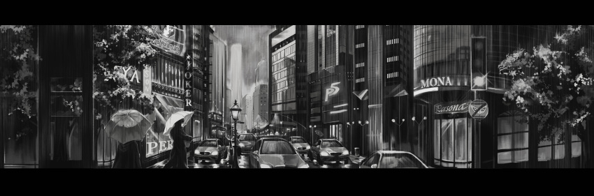 absurdres building cameo car character_name chinese_commentary city cityscape commentary_request from_behind glint greyscale highres holding holding_umbrella jacket koko_(drawsnow) lamppost letterboxed monochrome motor_vehicle outdoors persona persona_5 power_lines rain raincoat road scenery sign skyscraper tree umbrella window