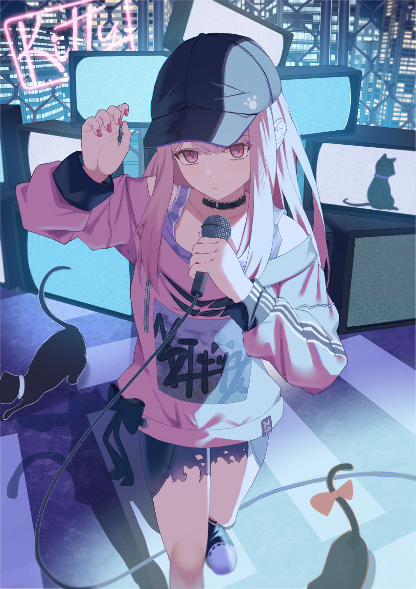 1other absurdres akiyama_mizuki androgynous baseball_cap black_cat black_choker black_footwear black_headwear bokutachi_no_seizon_tousou_(project_sekai) cat choker commentary_request converse crt english_text hat highres holding holding_microphone kitty_(vocaloid) long_hair looking_at_viewer maria_onnette microphone nail_polish neon_lights pink_eyes pink_hair pink_nails pink_shirt project_sekai shirt sidelocks solo standing television