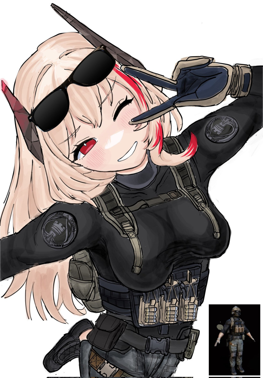 1girl backpack bag black_eyeliner black_shirt blonde_hair blush body_armor breasts chest_rig corrupted_twitter_file eyelashes eyeliner eyewear_on_head girls'_frontline gloves hair_between_eyes headgear highres large_breasts long_hair long_sleeves looking_at_viewer m4_sopmod_ii_(girls'_frontline) magazine_(weapon) makeup military multicolored_hair one_eye_closed open_mouth pink_hair puffypau26 red_eyes red_hair shirt simple_background smile solo streaked_hair sunglasses tight_clothes tight_shirt turtleneck v white_background
