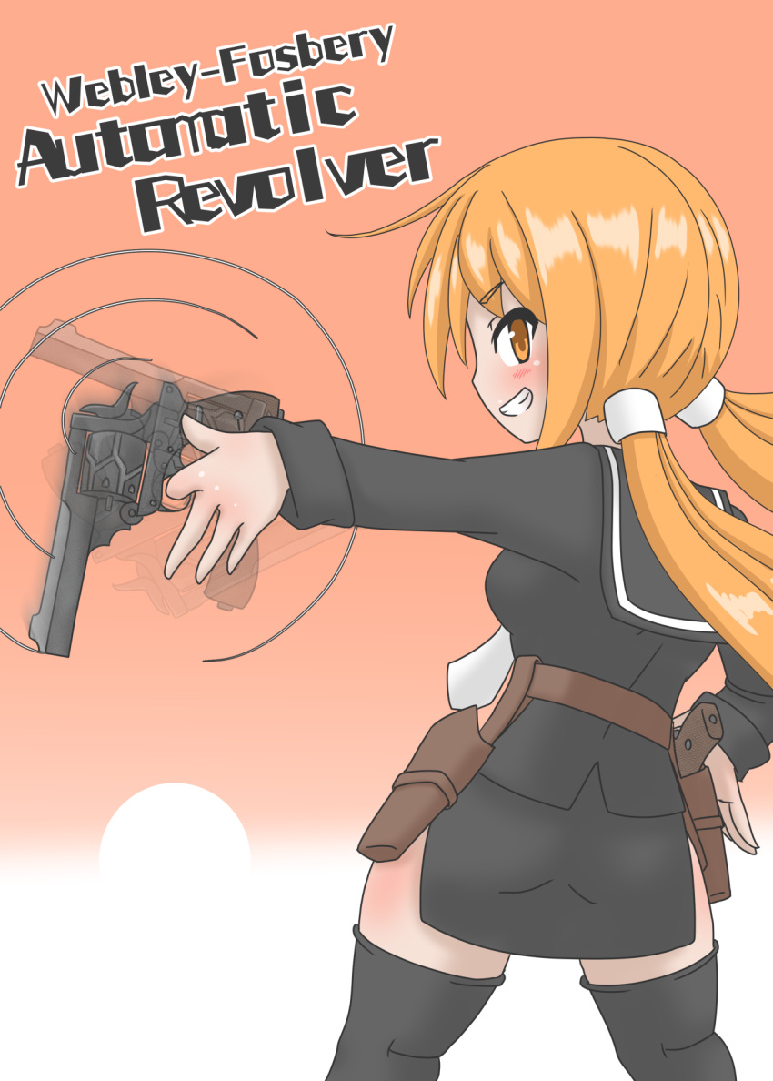 black_thighhighs blonde_hair breasts gun highres holding holding_weapon kantai_collection long_hair looking_at_viewer looking_back medium_breasts revolver satsuki_(kancolle) seaplanecarrier smile thighhighs twintails weapon weapon_case webley-fosbery_automatic_revolver yellow_eyes