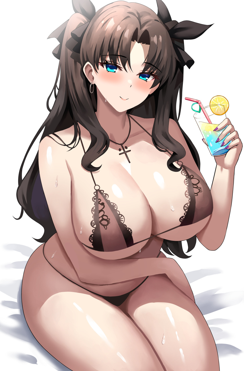 1girl absurdres bikini black_bikini black_ribbon blue_eyes blush breasts cleavage closed_mouth cross cross_necklace drinking_straw earrings fate/stay_night fate_(series) hair_ornament hair_ribbon highres holding huge_breasts jasony jewelry long_hair looking_at_viewer nail_polish necklace parted_bangs purple_nails ribbon sideboob simple_background sitting smile solo swimsuit thighs tohsaka_rin underboob white_background