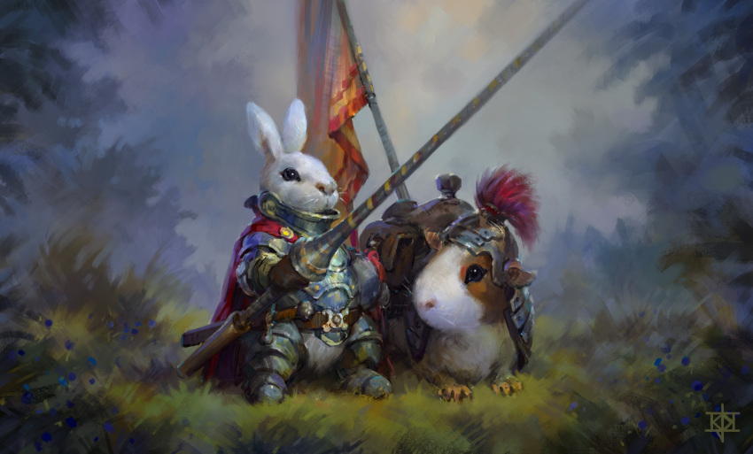 2014 ambiguous_anthro ambiguous_feral ambiguous_gender anthro armor beady_eyes belt breastplate caviid day detailed digital_media_(artwork) digital_painting_(artwork) duo feral feral_armor flag full-length_portrait fur furgonomics gorget grass greaves guinea_pig hi_res holding_lance kj_kallio knight lagomorph lance leporid lying mammal melee_weapon mount on_front outside pauldron plant plate_armor polearm portrait rabbit red_cape rodent sabatons saddle saddle_bag scabbard semi-anthro standard standing sword tree warrior weapon whiskers white_body white_fur