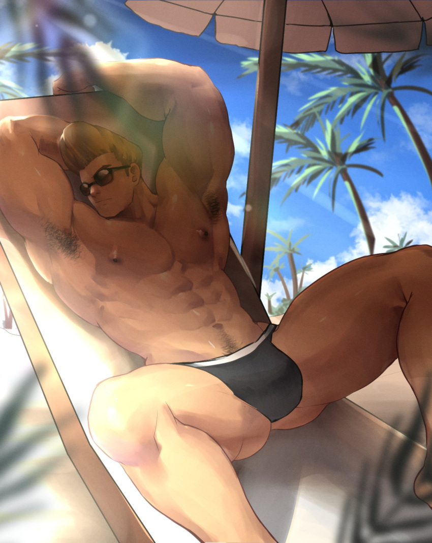 1boy abs armpit_hair armpits arms_up bara beach beach_chair black_male_underwear blonde_hair blue_sky day feet_out_of_frame highres jackray85674939 johnny_bravo johnny_bravo_(series) light_rays male_focus male_underwear mature_male muscular muscular_male navel_hair nipples outdoors palm_tree parasol pectorals pompadour reclining shade short_hair sideburns sky solo spread_legs sunglasses tree umbrella underwear underwear_only