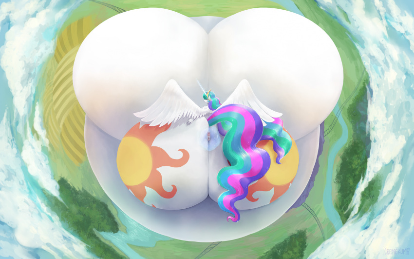2024 absurd_res anthro anus belly big_belly big_breasts big_butt bird's-eye_view black_eyes blue_hair blue_tail breasts butt butt_squish cloud colored cremekuma crown crown_only cutie_mark detailed digital_media_(artwork) digital_painting_(artwork) equid equine female field friendship_is_magic genitals green_hair green_tail hair hand_on_butt hand_on_own_butt hasbro headgear hi_res high-angle_view horn huge_belly huge_breasts huge_butt hyper hyper_belly hyper_breasts hyper_butt hyper_pregnancy immobile looking_at_viewer looking_back looking_back_at_viewer lying mammal multicolored_hair multicolored_tail my_little_pony mythological_creature mythological_equine mythology on_front pink_hair pink_tail plant pregnant pregnant_female princess_celestia_(mlp) purple_hair purple_tail pussy river shaded smile smiling_at_viewer solo spread_butt spreading squish tail tree white_body white_horn white_wings winged_unicorn wings