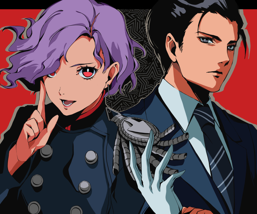 1boy 1girl :d absurdres adjusting_clothes adjusting_gloves black_background black_border blue_jacket blue_necktie border bright_pupils closed_mouth collared_shirt earrings epaulettes erina_(p5t) frown gloves grey_eyes grey_outline hair_over_one_eye hand_up highres index_finger_raised jacket jewelry kasukabe_toshiro letterboxed necktie open_mouth outside_border persona persona_5 persona_5_tactica pertex_777 purple_hair red_background red_eyes serious shirt short_hair simple_background single_epaulette smile starry_background striped_necktie two-tone_background white_gloves white_pupils white_shirt wing_collar