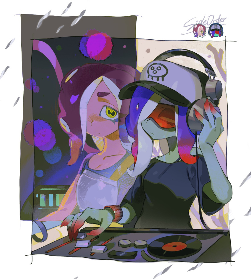 2girls armor baseball_cap black_shirt blue_hair bra_strap bracelet cephalopod_eyes closed_eyes closed_mouth colored_skin copyright_name dedf1sh dj dual_persona gradient_hair green_skin hand_on_headphones hat headphones headphones_over_headwear highres jewelry long_hair multicolored_hair multiple_girls octoling red-tinted_eyewear red_hair sad sanitized_(splatoon) shirt splatoon_(series) splatoon_3 splatoon_3:_side_order tentacle_hair tinted_eyewear turntable two-tone_hair yakiyori_0001 yellow_eyes