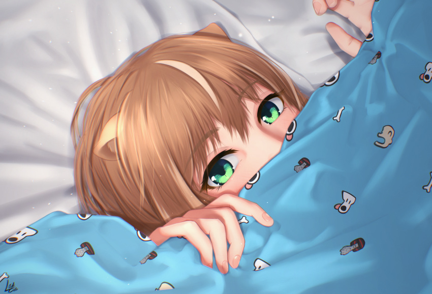 1girl absurdres animal_ears ayunda_risu bed_sheet blanket brown_hair green_eyes highres hololive hololive_indonesia hoso-inu listener_(inugami_korone) local_catto looking_at_viewer solo squirrel_ears squirrel_girl under_covers virtual_youtuber