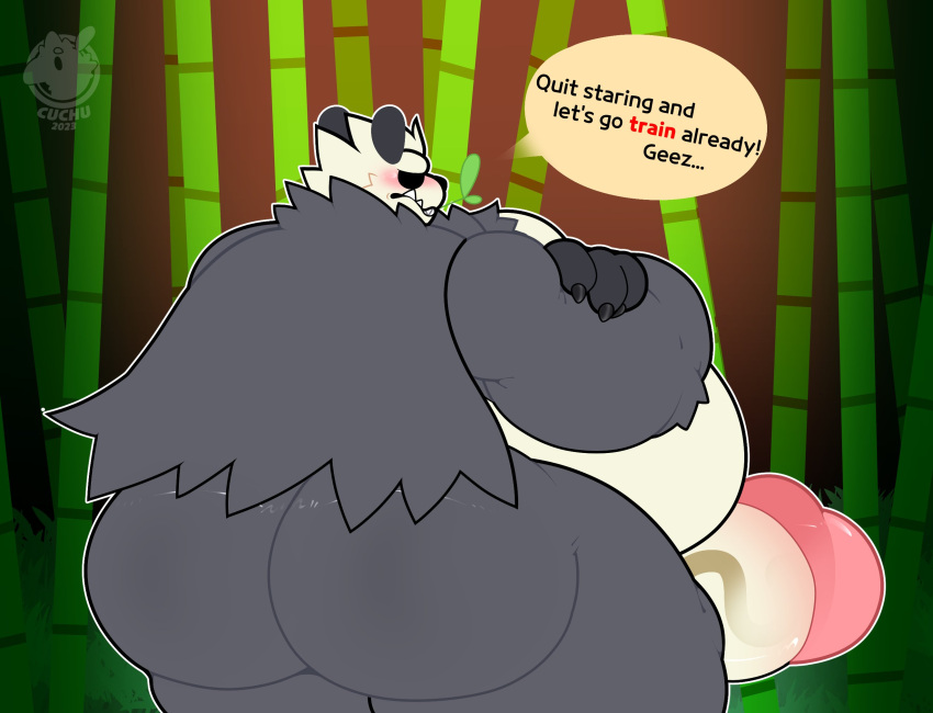 anthro bamboo bear big_butt big_penis blush bubble_butt butt cuchuflehest dialogue embarrassed fur generation_6_pokemon genitals giant_panda grey_body grey_fur hi_res huge_butt huge_penis hyper hyper_genitalia hyper_penis male mammal nintendo overweight overweight_male pangoro penis pokemon pokemon_(species) solo ursine