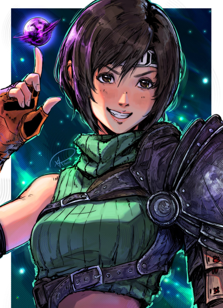 1girl :d arm_at_side armor artist_name balancing_on_finger black_headband blush border bow breasts brown_eyes brown_gloves brown_hair chest_harness commentary crop_top cropped_sweater english_commentary final_fantasy final_fantasy_vii final_fantasy_vii_remake fingerless_gloves forehead_protector gloves green_bow green_sweater grin hair_between_eyes halftone_texture hand_up harness headband highres index_finger_raised looking_at_viewer materia medium_breasts midriff nose_blush outside_border pauldrons pink_lips pointing pointing_up ribbed_sweater short_hair shoulder_armor signature single_bare_shoulder single_pauldron sleeveless sleeveless_turtleneck smile solo sweater swept_bangs turtleneck turtleneck_sweater upper_body white_border xriviia yuffie_kisaragi