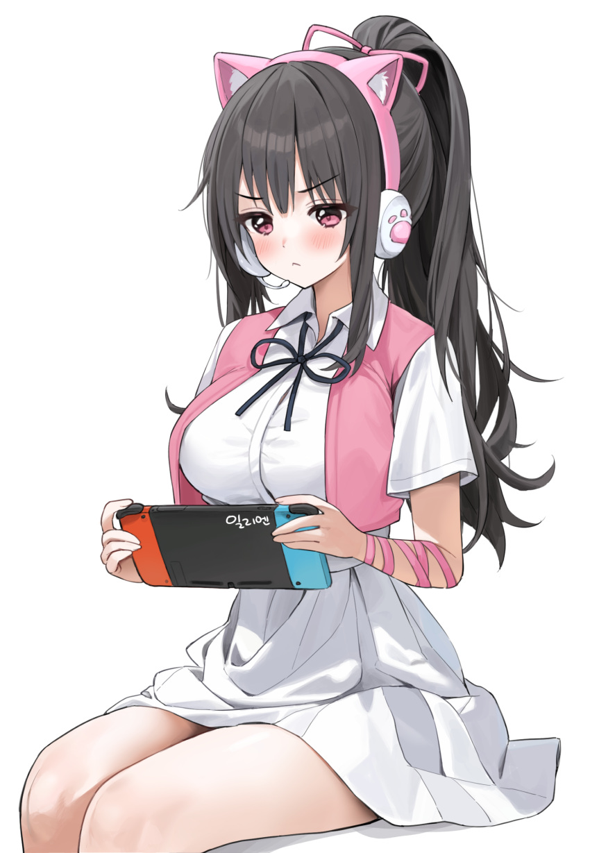 1girl animal_ear_headphones animal_ears arm_ribbon artist_request black_hair black_ribbon blush breasts closed_mouth collared_shirt commission fake_animal_ears feet_out_of_frame hair_ribbon handheld_game_console headphones highres holding holding_handheld_game_console illien_(illien) invisible_chair korean_commentary large_breasts long_hair looking_at_object looking_down miniskirt neck_ribbon nintendo_switch open_clothes open_vest original pink_eyes pink_headphones pink_ribbon pink_vest pleated_skirt ribbon shirt short_sleeves sidelocks simple_background sitting skirt solo vest white_background white_shirt white_skirt