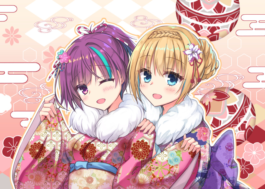 2022 2girls :d alternate_costume back_bow blonde_hair blue_hair blue_kimono blush bow braid commentary_request crown_braid dated eyelashes eyes_visible_through_hair floral_background floral_print flower fur-trimmed_kimono fur_trim hair_between_eyes hair_bun hair_flower hair_ornament hair_ribbon happy highres hug hug_from_behind ibaraki_rino igarashi_kenji japanese_clothes kido_tsubasa kimono looking_at_viewer multicolored_hair multiple_girls nengajou new_year one_eye_closed open_mouth parquet_(yuzusoft) pink_background pink_flower pink_kimono ponytail purple_bow purple_eyes purple_hair ribbon short_hair simple_background sleeves_past_wrists smile streaked_hair striped_ribbon textless_version upper_body w_arms white_flower wide_sleeves yukata