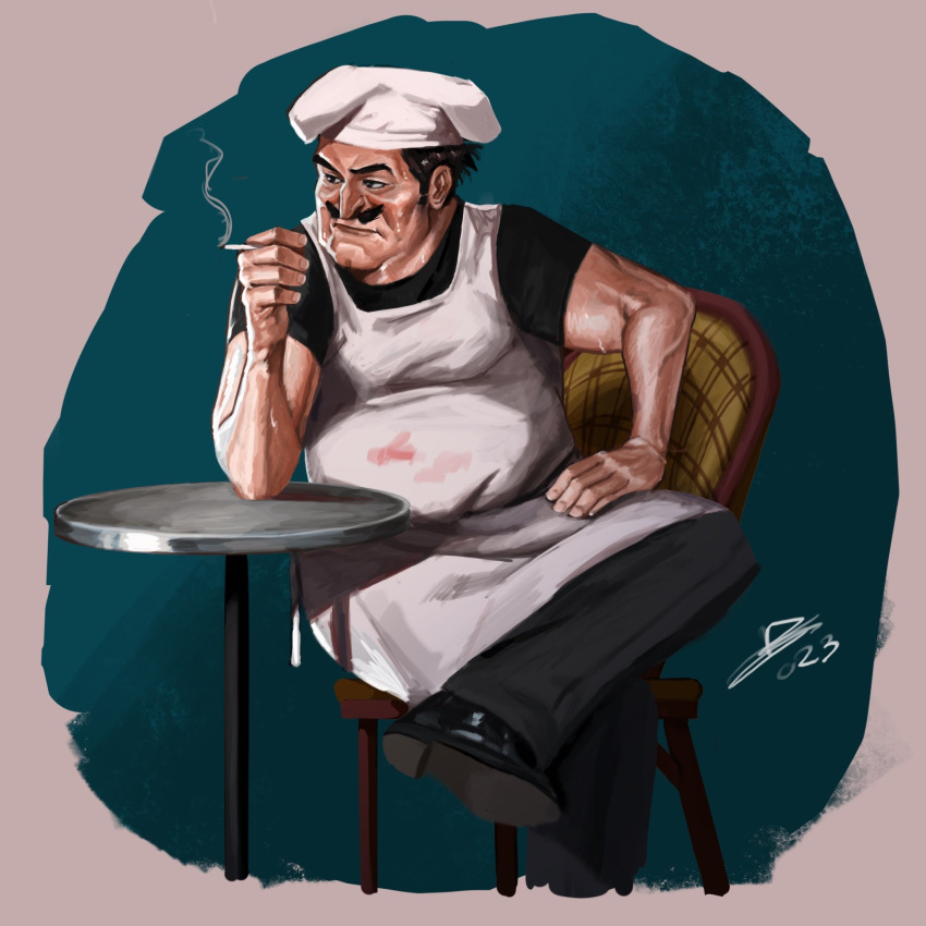 1boy apron belly chef chef_hat double_chin full_body hat highres looking_ahead male_focus nurve26 old old_man pectorals peppino_spaghetti pizza_tower realistic sitting smoking solo thick_mustache tsurime veins veiny_arms white_apron wrinkled_skin