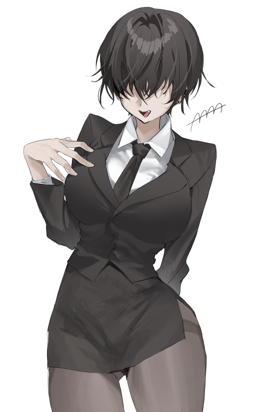 1girl 4_ge absurdres arm_behind_back black_hair black_necktie black_pantyhose black_skirt breasts collared_shirt facing_viewer fang hair_between_eyes hair_over_eyes highres large_breasts long_sleeves necktie office_lady open_mouth original pantyhose pencil_skirt shirt short_hair simple_background skirt skirt_suit solo suit thighband_pantyhose white_background white_shirt