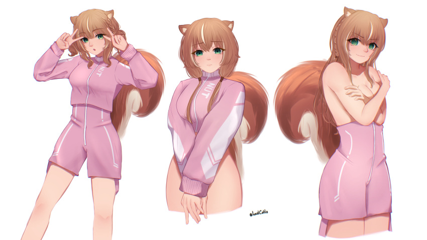 1girl @_@ absurdres animal_ears ayunda_risu bottomless breasts brown_hair cleavage closed_mouth commentary covering_breasts covering_crotch covering_privates cropped_legs double_v embarrassed green_eyes highres hololive hololive_indonesia jacket local_catto long_hair long_sleeves looking_at_viewer medium_breasts multiple_views pink_jacket pink_shorts shorts sidelocks squirrel_ears squirrel_girl squirrel_tail standing tail topless twintails twitter_username upper_body v v-shaped_eyebrows v_over_eye virtual_youtuber white_background