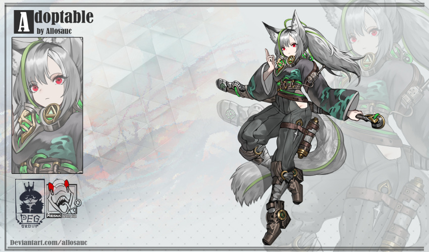 1girl adoptable ahoge allosauc animal_ear_fluff animal_ears armored_boots artist_name belt black_sleeves boots brown_belt brown_footwear closed_mouth cloud_print deviantart_username english_text expressionless eyelashes full_body gas_mask gradient_background green_hair grey_background grey_hair grey_pants grey_shirt hand_gesture high-waist_pants highres holding holding_sword holding_weapon knee_pads kunai long_hair long_sleeves looking_at_viewer mask mask_around_neck multicolored_hair multiple_belts multiple_views original pants polka_dot polka_dot_background ponytail projected_inset red_eyes reference_sheet scroll sheath sheathed shirt side_slit simple_background streaked_hair striped_clothes striped_pants sword tail thigh_belt thigh_strap triangle_background upper_body vertical-striped_clothes vertical-striped_pants watermark weapon weapon_behind_back wide_sleeves wolf_ears wolf_tail