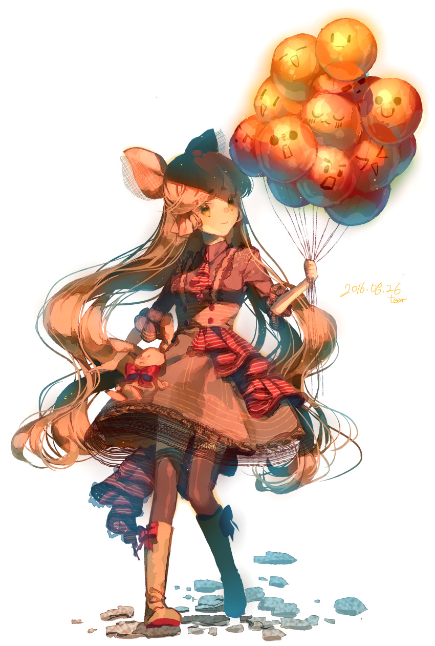 &gt;o&lt; 1girl 2016 :| absurdres alternate_costume alternate_hair_color alternate_hairstyle artist_name ascot balloon boots brown_dress brown_eyes brown_hair brown_thighhighs buttons closed_mouth dated dress elbow_gloves emoticon full_body gloves hand_up hatsune_miku highres holding holding_balloon light_smile lolita_fashion long_hair looking_at_viewer original red_ascot signature simple_background smile smiley_face solo standing striped_ascot stuffed_animal stuffed_toy tachi-e tears_namida teddy_bear thighhighs twintails vocaloid wavy_hair white_background