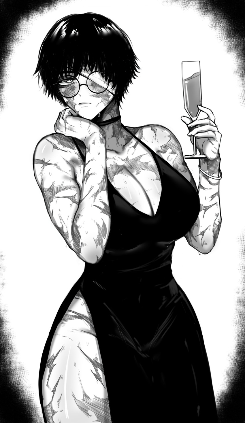 1girl absurdres bandage_over_one_eye bare_legs bracelet breasts burn_scar choker cleavage closed_mouth cocktail_glass collarbone cowboy_shot cup dress drinking_glass glasses greyscale groin hand_on_own_hip highres holding holding_cup jewelry jujutsu_kaisen large_breasts looking_at_viewer low_neckline messy_hair monochrome one_eye_covered round_eyewear scar scar_on_arm scar_on_chest scar_on_face scar_on_leg scar_on_neck shiny_skin short_hair side_slit simple_background sleeveless sleeveless_dress solo spaghetti_strap standing sweat thick_thighs thighs vignetting white_background wide_hips zen'in_maki zovokia