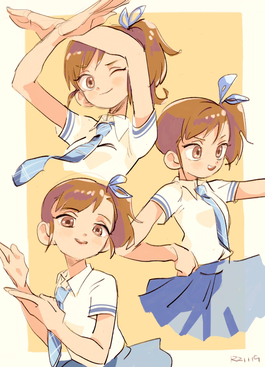 1girl arms_up artist_name blue_necktie blue_ribbon blue_skirt border brown_eyes brown_hair closed_mouth collared_shirt commentary_request cropped_legs cropped_torso futami_mami hair_ribbon hand_on_own_hip hands_up highres idolmaster idolmaster_(classic) imay3927 looking_ahead looking_at_viewer multiple_views necktie open_mouth outstretched_arm pleated_skirt ribbon shirt short_hair short_sleeves side_ponytail simple_background skirt smile v-shaped_eyebrows white_border white_shirt x_arms yellow_background