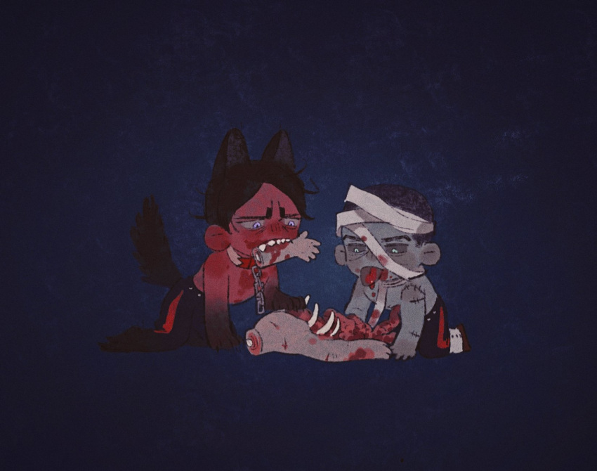 2boys all_fours animal_ears animal_feet animal_hands bandaged_head bandages black_fur black_hair black_pants black_sclera blood blood_on_bandages blood_on_chest blood_on_face blue_background cannibalism chengongzi123 chibi claws colored_sclera colored_skin corpse eating english_commentary fangs full_body golden_kamuy gradient_background green_eyes green_skin halloween highres intestines koito_otonoshin male_focus monster_boy monsterification mouth_hold multiple_boys mummy pants purple_eyes ribs severed_limb short_hair simple_background stitched_arm stitches tail tongue tongue_out topless_male tsukishima_hajime very_short_hair wolf_boy wolf_ears wolf_tail