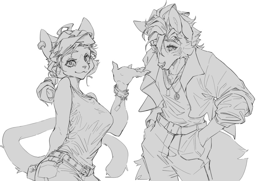 1boy 1girl animal_ear_piercing animal_ears bad_bcy_id bad_id bare_arms bare_shoulders belt belt_buckle bracelet braid braided_ponytail buckle cat_ears cat_girl cat_tail claws collared_jacket cowboy_shot curly_hair denim dog_tags eyelashes eyeshadow furry furry_female furry_male greyscale hair_between_eyes hand_up hands_in_pockets highres ivitaler_i jacket jeans jewelry long_hair long_sleeves looking_at_viewer makeup monochrome necklace open_clothes open_jacket original pants pocket simple_background sleeves_past_elbows snout studded_belt tail tank_top white_background wolf_boy wolf_ears wolf_tail