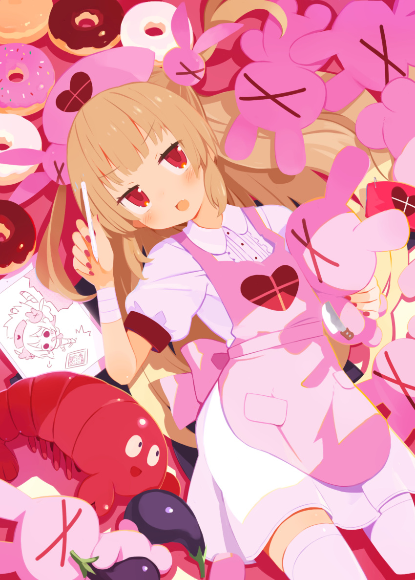 1girl apron bandaged_arm bandages blush doughnut dress eggplant food hair_ornament harada_takehito hat heart highres holding holding_stuffed_toy light_brown_hair long_hair looking_at_viewer lying nail_polish natori_sana nurse_cap on_back open_mouth pink_apron pink_headwear rabbit_hair_ornament red_hair sana_channel short_sleeves solo stuffed_animal stuffed_rabbit stuffed_toy stylus tablet_pc thighhighs virtual_youtuber white_dress white_thighhighs