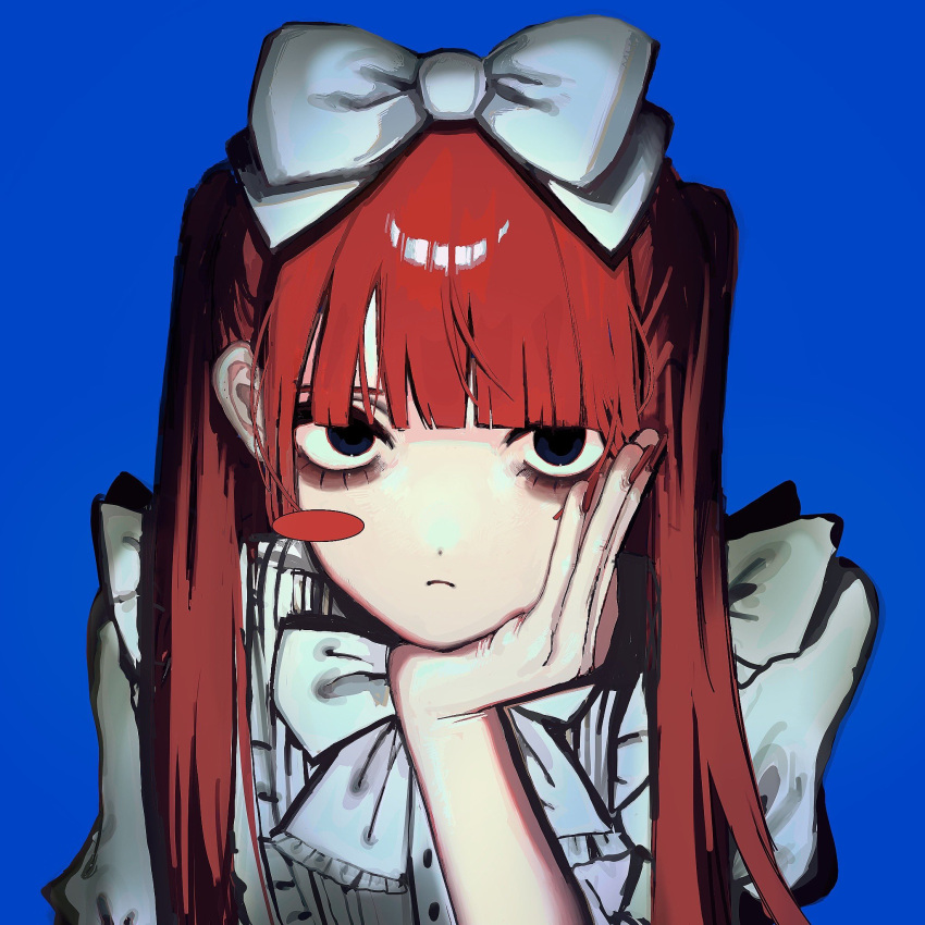 1girl black_eyes blue_background blunt_bangs bow chimaki_pirsk closed_mouth dress hair_bow head_rest highres long_hair looking_at_viewer original red_hair simple_background single_blush_sticker solo upper_body white_bow white_dress