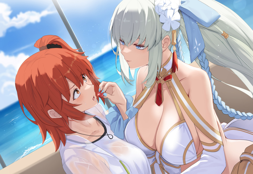 2girls bare_shoulders beach bikini blue_eyes blue_hair blush braid breasts cleavage collarbone detached_sleeves fate/grand_order fate_(series) flower fujimaru_ritsuka_(female) fujimaru_ritsuka_(female)_(summer_street) gold_trim grey_hair hair_flower hair_ornament highres jacket large_breasts long_hair long_sleeves morgan_le_fay_(water_princess)_(fate) multiple_girls one_side_up orange_eyes orange_hair ponytail puffy_long_sleeves puffy_sleeves see-through see-through_jacket short_hair swimsuit untue white_bikini white_jacket