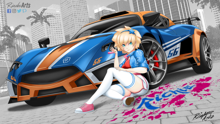 1girl artist_name blue_hairband blue_jacket borrowed_character breasts car character_name cropped_shirt english_commentary facebook_username hair_behind_ear hair_ornament hairband highres holding imrinzlergtz_art instagram_logo jacket looking_at_viewer mazzanti_evantra medium_breasts motor_vehicle original outdoors pink_footwear pixiv_logo red_shirt shirt shoes short_hair shorts sitting sneakers spoiler_(automobile) sports_car star_(symbol) star_hair_ornament thighhighs twitter_logo vehicle_focus white_shorts white_thighhighs