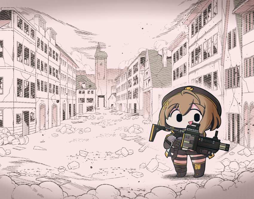 1girl ahoge aka_(akaino) anis_(nikke) beret black_headwear black_jacket black_shorts black_thighhighs broken_window brown_hair building cat_hair_ornament chibi city commentary debris dust_cloud fingerless_gloves full_body gloves goddess_of_victory:_nikke grenade_launcher grey_gloves gun hair_between_eyes hair_ornament hat highres holding holding_gun holding_weapon jacket looking_at_viewer open_mouth outdoors rubble ruins short_hair short_shorts shorts sidelocks single_fingerless_glove smile solo standing thigh_strap thighhighs triangle_mouth weapon wreckage