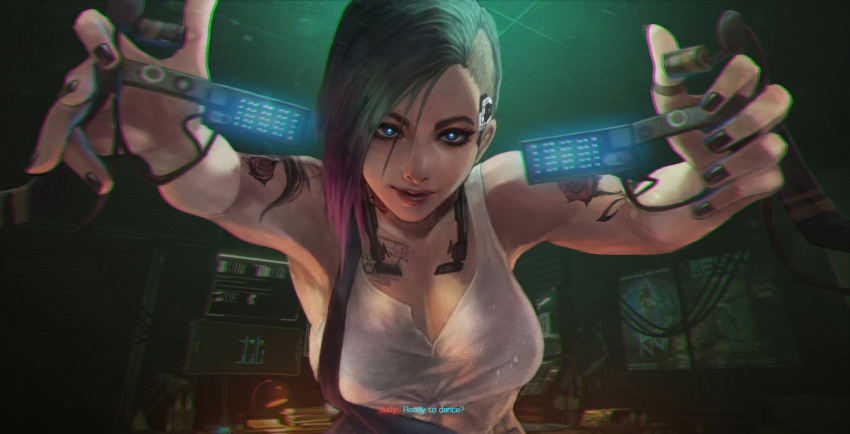 1girl absurdres arm_tattoo black_hair black_nails blue_eyes breasts cleavage commentary cyberpunk_2077 downblouse english_commentary english_text eyeliner fingernails gameplay_mechanics highres interface_headset judy_alvarez light_smile lips looking_at_viewer makeup mascara medium_breasts monori_rogue multicolored_hair pov purple_hair sidecut solo subtitled tank_top tattoo two-tone_hair