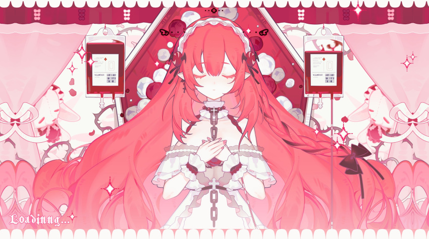 blood blood_bag breasts chain cleavage closed_eyes curtains dress frilled_dress frills hand_on_own_chest highres lilianei loading_screen long_hair nyphielia pointy_ears red_hair side_ponytail valeria_lili virtual_youtuber