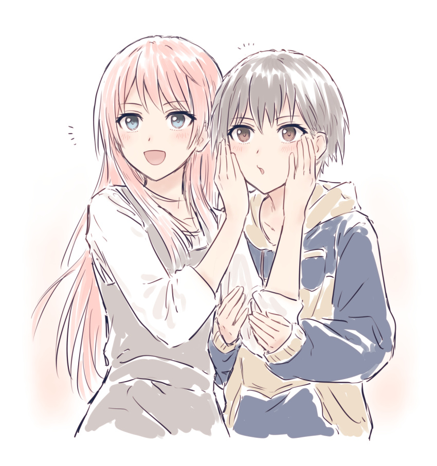 2girls :d bang_dream! bang_dream!_it's_mygo!!!!! blue_hoodie brown_eyes chihaya_anon cropped_torso dress emphasis_lines furukawa_wanosuke grey_dress grey_eyes grey_hair hands_on_another's_arm hands_on_another's_face highres hood hoodie long_hair long_sleeves multicolored_clothes multicolored_hoodie multiple_girls open_mouth parted_lips pinafore_dress pink_hair shirt short_hair sidelocks simple_background sleeveless sleeveless_dress smile takamatsu_tomori white_background white_shirt yellow_hoodie