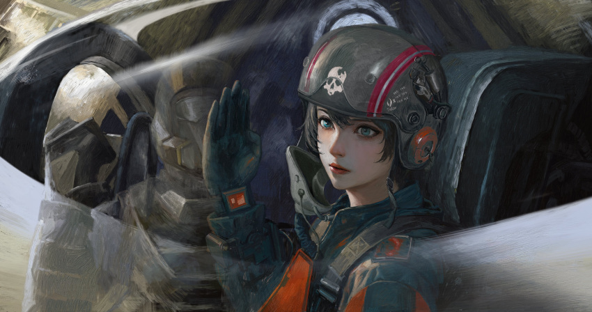 1girl 1other absurdres aqua_eyes armor black_hair cockpit commentary eagle_1_(helldivers) english_commentary gloves helldiver_(helldivers) helldivers_(series) helmet highres oxygen_mask pilot pilot_suit reflection salute science_fiction short_hair skull tally xianggang_jizhe