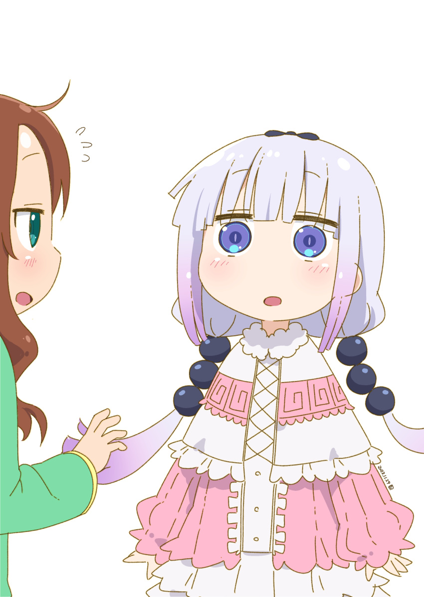 beads blunt_bangs blush brown_hair dated dress gradient_hair green_eyes green_shirt hair_beads hair_ornament highres kanna_kamui kobayashi-san_chi_no_maidragon long_hair long_sleeves looking_at_another multicolored_hair open_mouth pink_dress puffy_sleeves purple_eyes purple_hair saikawa_riko samansa_ex shirt sidelocks signature white_background white_dress white_hair