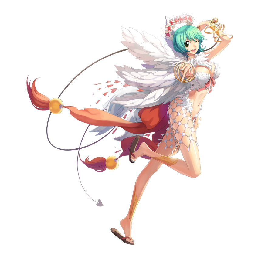 1girl aqua_hair bangle bikini blue_nails bracelet bracer breasts brown_footwear cleavage feather_trim feathered_wings flip-flops full_body green_eyes heart highres holding holding_whip jewelry large_breasts leg_up leona_(pixiv) looking_at_viewer medium_bangs nail_polish navel official_art one_eye_closed open_mouth outstretched_arm ragnarok_online sandals short_hair simple_background smile solo standing standing_on_one_leg swimsuit tachi-e tiptoes toenail_polish toenails transparent_background wanderer_(ragnarok_online) whip white_background white_bikini white_wings wings