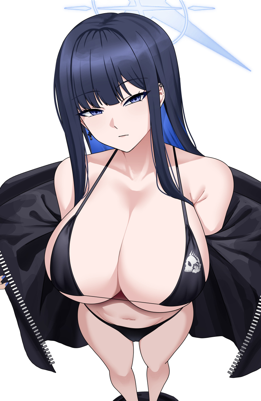 1girl absurdres bikini black_bikini black_hair black_jacket blue_archive blue_eyes blue_hair blue_nails breasts cleavage closed_mouth commentary cross cross_earrings ear_piercing earrings from_above halo highres huge_breasts jacket jewelry long_hair looking_at_viewer nail_polish open_clothes open_jacket piercing saori_(blue_archive) sidelocks simple_background single_earring solo swimsuit tewaki white_background