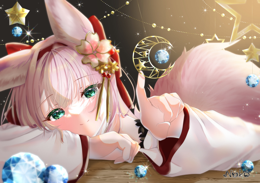 1girl absurdres animal_ear_fluff animal_ears artist_name azur_lane blue_gemstone crescent flower gem gold_trim green_eyes hair_flower hair_ornament hanazuki_(azur_lane) highres large_tail long_hair long_sleeves looking_at_viewer nako_nya pink_hair pink_tail solo star_(symbol) tail wide_sleeves