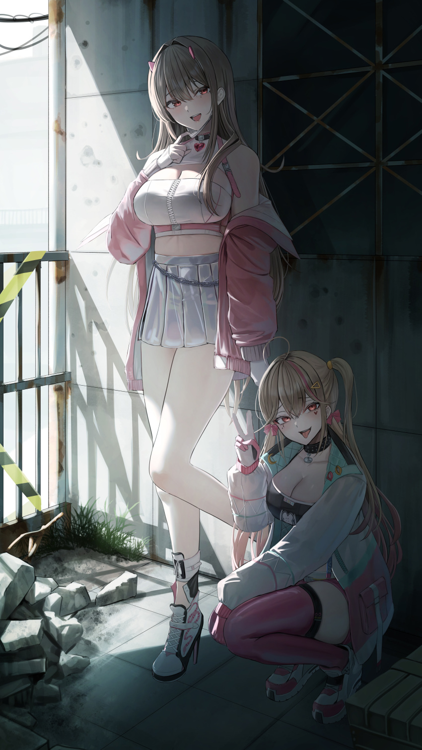 2girls absurdres bare_shoulders blonde_hair blush breasts chain choker cleavage collar crop_top cross-laced_footwear fingerless_gloves gloves goddess_of_victory:_nikke hair_ornament hana_hebi heart heart_tattoo high_heel_sneakers highres horns jackal_(nikke) jacket large_breasts long_hair looking_at_viewer mask mask_pull midriff mouth_mask multicolored_hair multiple_girls open_mouth pink_eyes pink_gloves pink_hair pink_horns pink_jacket short_shorts shorts side_ponytail skirt smile spiked_collar spikes sports_bra stairs stairwell tattoo twintails v viper_(nikke) window