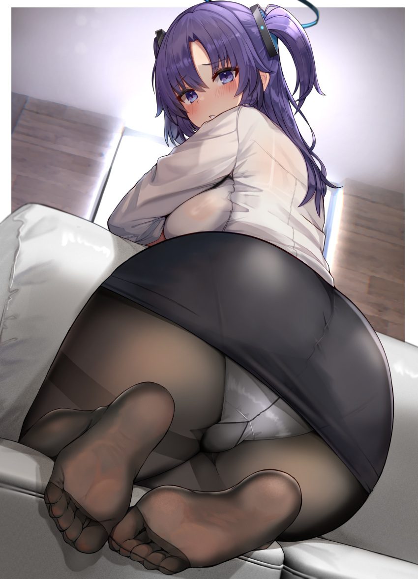 1girl ass black_skirt blue_archive blue_eyes blue_hair blush commentary_request commission couch feet from_behind halo highres indoors kihou_no_gotoku_dmc long_hair long_sleeves looking_at_viewer looking_back panties panties_under_pantyhose pantyhose parted_bangs parted_lips pencil_skirt pixiv_commission shirt skirt soles solo thighband_pantyhose thighs toes two_side_up underwear white_panties white_shirt yuuka_(blue_archive)