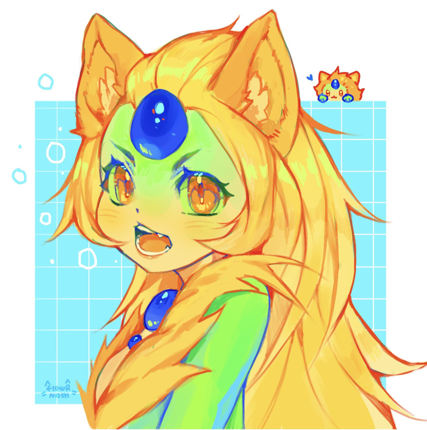 1girl blonde_hair cat_girl colored_skin fang forehead_jewel from_side gem green_skin highres knol_(flowrmosh) league_of_legends long_hair looking_at_viewer looking_to_the_side nami_(league_of_legends) open_mouth orange_eyes solo_focus teeth tongue
