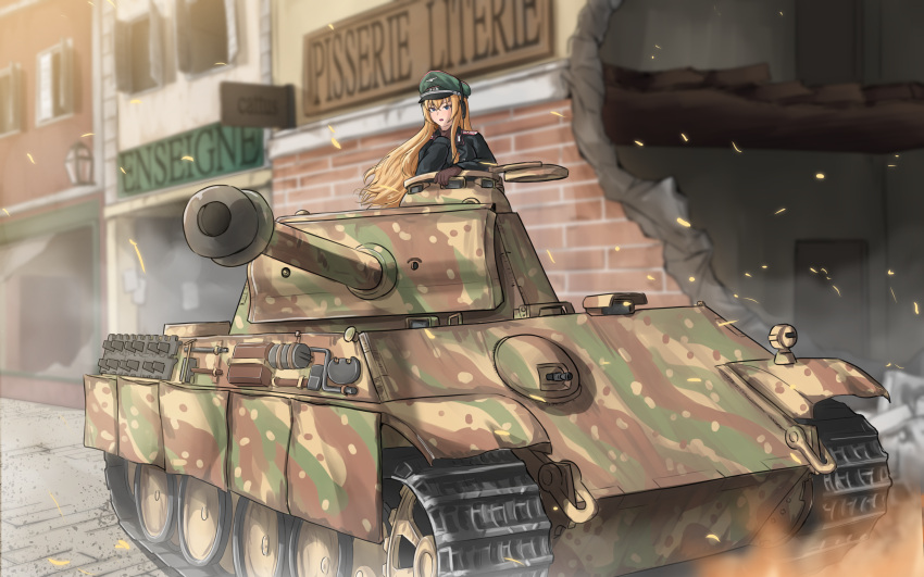 1girl absurdres blonde_hair blue_eyes broken_glass destruction fire glass gun hat hat_ornament highres long_hair machine_gun military military_hat military_uniform military_vehicle motor_vehicle original outdoors panther_(tank) panzerboy soldier solo sunlight tank tank_cupola uniform weapon world_war_ii