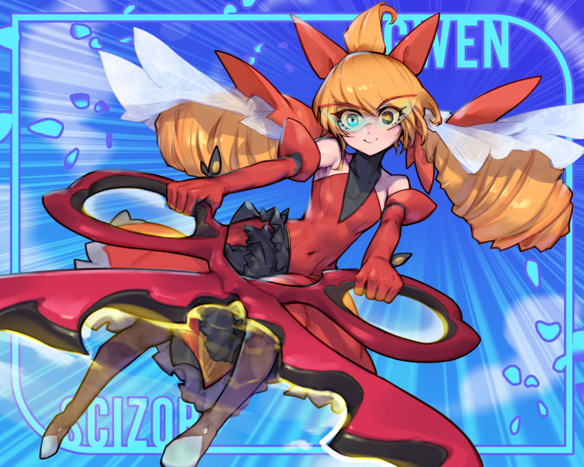 1girl bare_shoulders blonde_hair blue_background breasts character_name dress drill_hair elbow_gloves fusion gloves gwen_(league_of_legends) heterochromia highres holding holding_scissors league_of_legends long_hair phantom_ix_row pokemon red_dress red_gloves scissors scizor smile solo twin_drills twintails