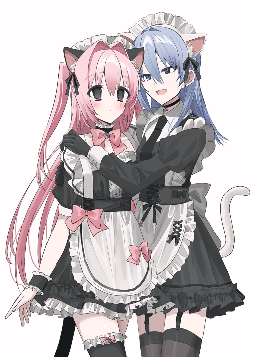 2girls :d :o animal_ear_fluff animal_ears apron black_dress black_gloves black_necktie black_ribbon black_thighhighs blue_eyes blue_hair blush cat_ears cat_tail chihuri commentary_request dress earrings ende_(chihuri) fake_animal_ears frilled_apron frilled_dress frills garter_straps gloves hair_between_eyes hair_intakes hair_ribbon hand_on_another's_shoulder highres jewelry juliet_sleeves long_hair long_sleeves maid maid_headdress multiple_girls nea_(chihuri) necktie original parted_lips pink_hair puffy_short_sleeves puffy_sleeves purple_eyes ribbon short_sleeves simple_background smile stud_earrings tail thighhighs two_side_up very_long_hair white_apron white_background