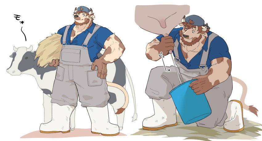 1boy animal_ears backwards_hat bara blue_overalls blue_shirt boots brown_fur brown_hair bucket carrying carrying_under_arm chinstrap_beard cow cow_boy cow_ears cow_horns cow_tail erisu_(7575el) farmer full_body furry furry_male hand_on_own_hip hat hay highres holding holding_bucket horns large_pectorals male_focus mature_male milking_cow multiple_views muscular muscular_male on_one_knee original overalls pectoral_cleavage pectorals shirt short_hair simple_background smile tail two-tone_fur udder white_background