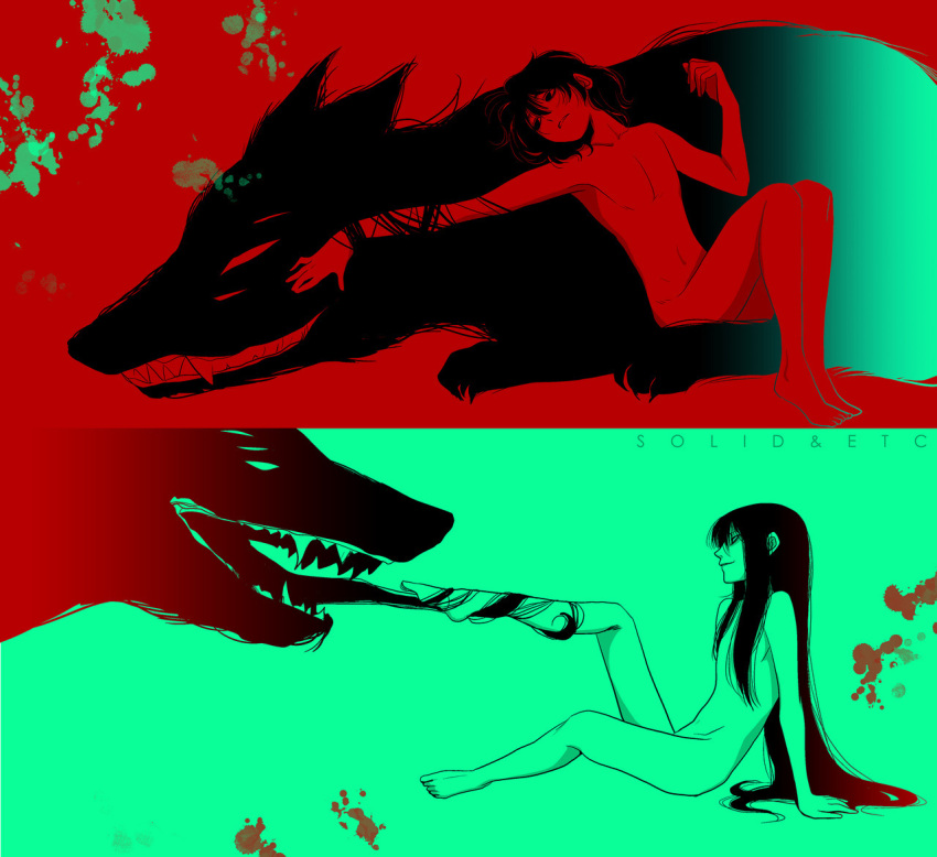 1boy 1girl alucard_(hellsing) androgynous arm_support artist_name completely_nude dual_persona flat_chest girlycard hellsing limited_palette long_hair medium_hair nude sharp_teeth sitting teeth tongue tongue_out toshimichi_yukari very_long_hair wolf